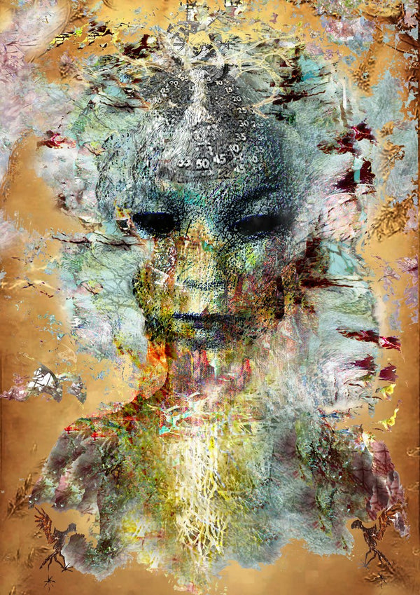Close my eyes - So I can see by Henrik Kock - a layered face with closed eyes in teal, rust and warm ochre