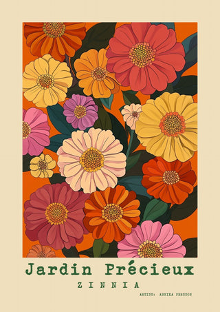 Zinnia by Annika Persson - pink, coral and yellow zinnias packed on an orange panel with lettering