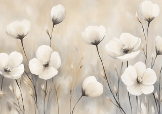 Whispering Blooms by Annika Persson - white flowers and buds on thin stems against soft beige and grey