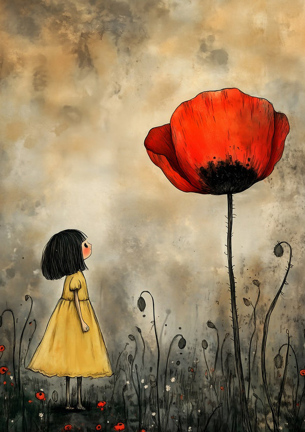 The Girl and the Poppy by Annika Persson - a girl in a yellow dress looking up at a tall red poppy