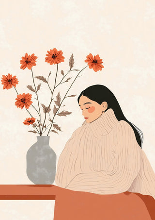 Silence please by Annika Persson - a woman in a cream turtleneck beside a grey vase of orange daisies