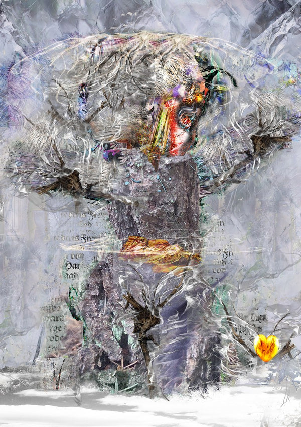 Heart Of Gold by Henrik Kock - a layered figure in snow holding a small orange flower
