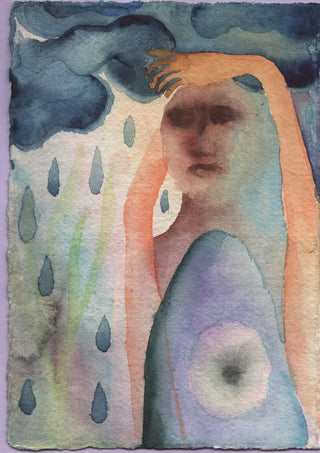 Under the Rain Cloud by Shimmering Ugly - a soft watercolour figure under a teal rain cloud with falling drops