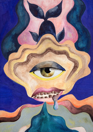 The Weeping Eye by Shimmering Ugly - a single eye in a scalloped sand shell with a pink mouth and a blue tear