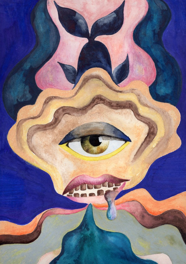 The Weeping Eye by Shimmering Ugly - a single eye in a scalloped sand shell with a pink mouth and a blue tear