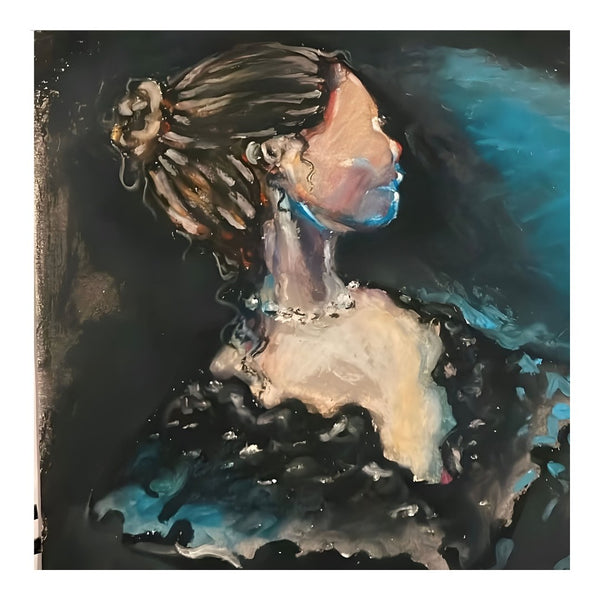 The Rich Lady by Christin - a profile portrait with pearls against black and turquoise
