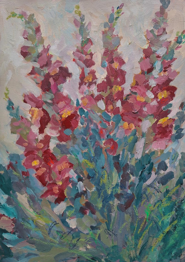 Red Snapdragon Flowers by DNF - red and pink snapdragon spires against a pale grey sky