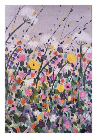 Silver street by Rebecca Wright - yellow and pink meadow flowers under a pale lilac grey sky