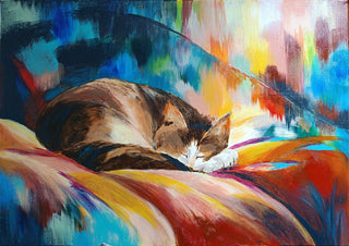 Während wir suchen by ELIZA Leopold - a tabby cat curled asleep on a striped blanket in red, yellow and turquoise