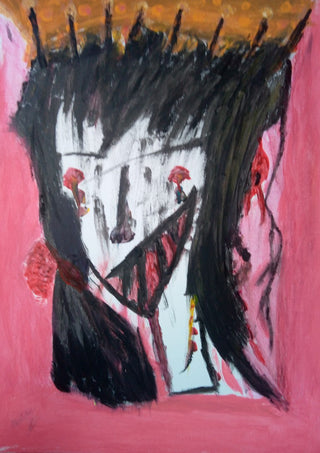 Onschuldig Wezen - Innocent Creature by Mizo - a face in heavy black strokes on rose pink