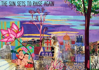 The sun sets to risa again by María Burgaz - a violet sky over a collaged town with a pink lotus