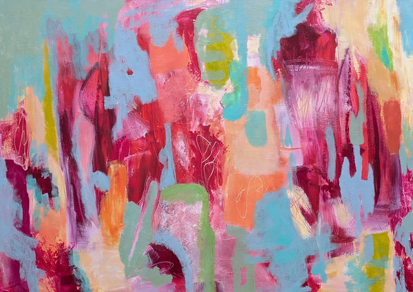 Warmth by Janet Bell - crimson, coral and hot pink laid across pale blue, mint and cream