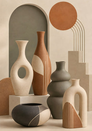 Bohemian Ceramic Vases by TimlessArtworks - terracotta, cream and olive vessels around a sage arch