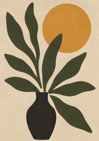 Minimalist Botanical Still Life with Sun by TimlessArtworks - olive leaves in a black vase before a mustard sun