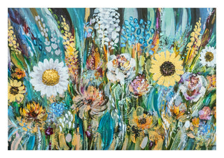 Blomster by Art Anne Lee - a dense meadow of daisies and a sunflower against teal green