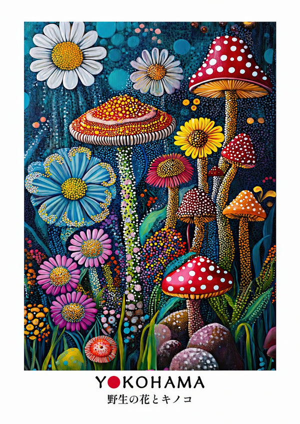 Wild Flowers and Mushrooms by Yokohama - daisies, a sunflower and red spotted mushrooms stippled in dots on a deep blue-green ground