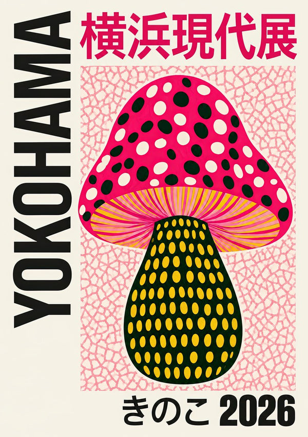 Pink Dot Mushroom Poster by Yokohama - a magenta spotted mushroom on a cracked pink ground