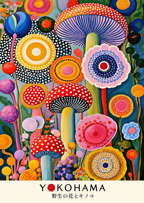 Mushroom and Flower Garden by Yokohama - spotted red mushrooms among dotted flower discs on blue-grey