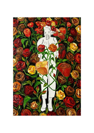 She stands in Bloom by Madame Petit - a white figure outlined against a wall of red and yellow roses