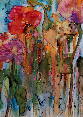 riot garden by hazelart - red and magenta blossoms in ink and watercolour over turquoise and orange