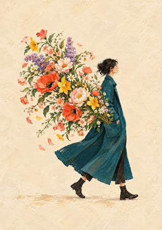 A Garden in Her Pocket by Matthews Gallerie - a woman in a teal coat carrying a huge bouquet of red, pink and yellow flowers