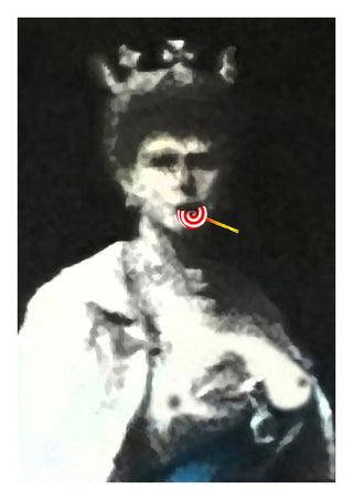 The Midnight Queen by Bent Hardervig - a crowned figure with a striped lollipop on a dark grainy ground