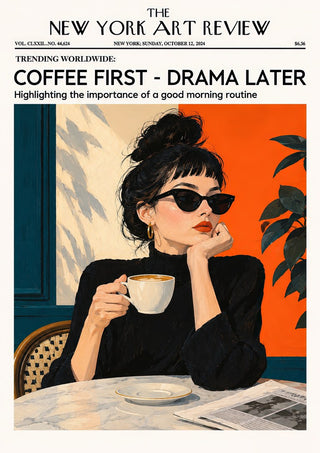 Coffee First, Drama Later by ARTSY FARTSY - a magazine cover with a woman in black and a coffee cup against teal and orange