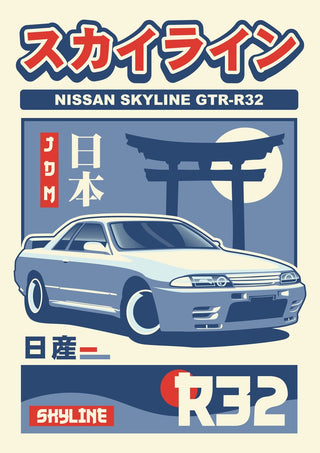 Nissan Skyline GT-R R32 II by Kaminarirace - a JDM poster with the car before a torii gate in cream, blue and red
