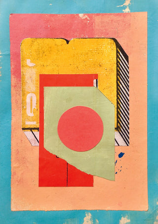 Vermilion Circle by Kareem Rizk - a red circle on pale sage over yellow and coral collaged paper