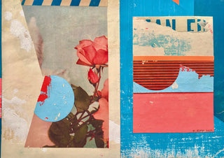Pink Rose by Kareem Rizk - a faded photograph of pink roses collaged with bright blue, coral and orange paper