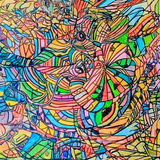Colour Mosaic by Ronald Rumell - an all-over abstract of small facets in pink, turquoise and yellow