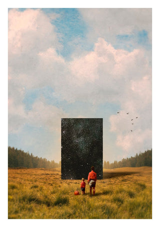 Son, this is the Universe by Fran Rodriguez - a woman and child before a starry monolith in a golden field