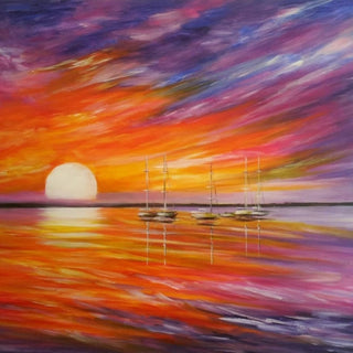 Colorful by Sunny - a violet, pink and orange sunset with sailing boats on the horizon
