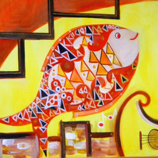 Music Fish by Sunny - a fish patterned in red, orange and black triangles on flat yellow