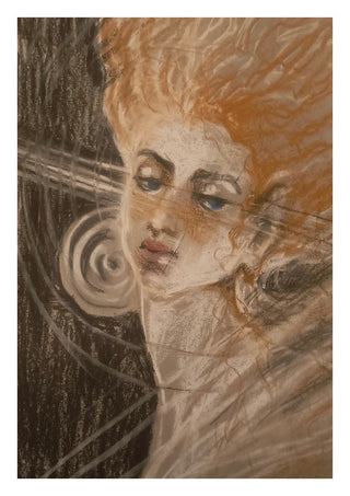 the strings of my soul by Mariia Nikolina - a pastel face with copper hair and violin strings across the cheek