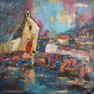 House by the Water by PaKart - a pale house with a red door above water that carries the village back in reflection