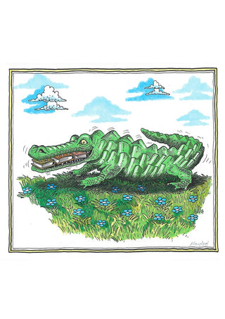 The Crocodile and the Book by Waldemar Mandzel - a crocodile on a flowering bank with an open book in its jaws