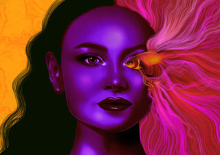 Where the Ocean Begins by Sabrina Rosenblatt - a violet face with streaming pink hair and a gold fish at the eye