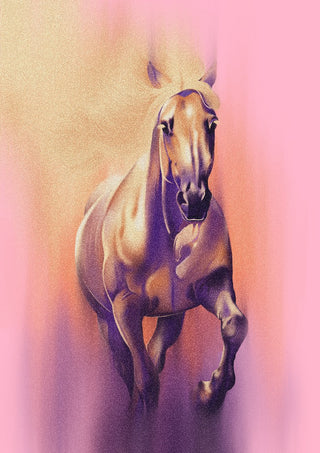Wild by Sabrina Rosenblatt - a pale cream horse at full gallop against a sand, pink and lilac ground