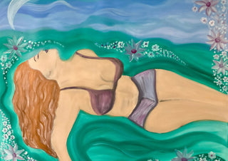 Diva by Carmen Coduri - a woman with red-gold hair lying in green waves under a blue sky with flowers