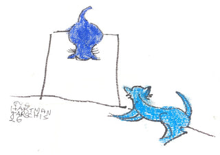 Two Blue Cats by Eva Hartman - a dark blue cat on a stool and a turquoise cat stretching on the floor