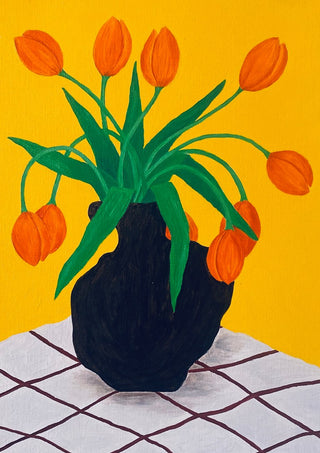 Orangea blomster i brun vas by Rebecka Hansson - orange tulips in a dark vase on a strong yellow ground