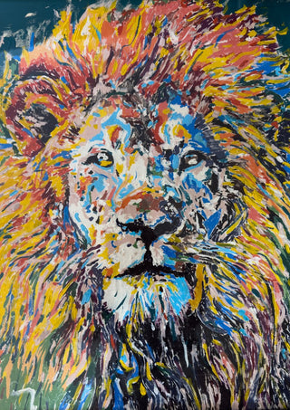 Soul of a Lion by Bibi - a lion with a mane of yellow, orange, red and blue strokes