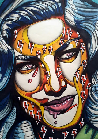 Lauren Bacall by Okiana - a street-art portrait in yellow and orange with red lightning bolts