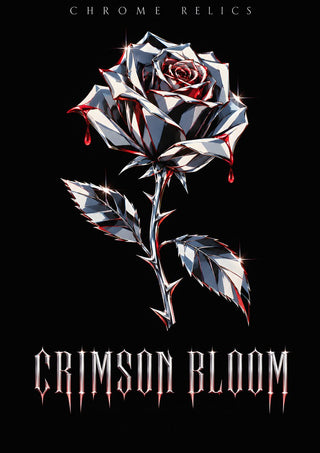 Crimson Bloom by Melancholy Machinations - a chrome rose with red running down its petals against black
