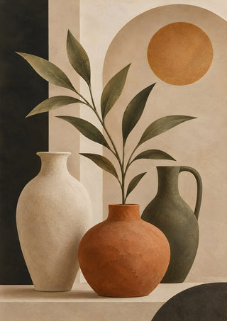 Terracotta Vase and Greenery by TimlessArtworks - cream and clay vessels with green leaves under an ochre sun