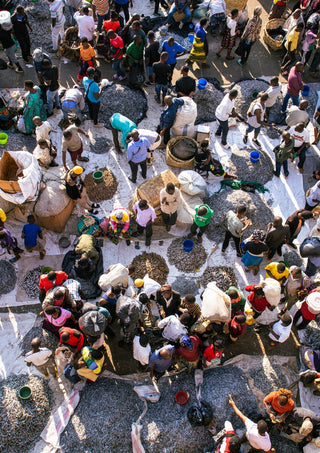 African fish market by Gloria Mwivanda - an aerial view of crowds and drying fish on white tarpaulins