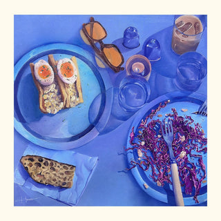 Blue Hour Brunch - Square by Ditte Hartfelt - eggs on rye and red cabbage on a blue table from above