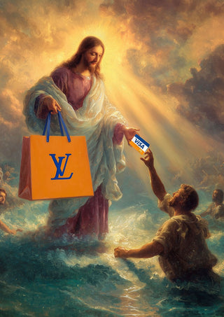 Divine Exchange by Dikhotomy - Christ holding out a Louis Vuitton bag for a VISA card