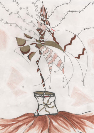Earth Fairy by A Sleepy Spirit Art - a winged figure drawn in fine line standing on brown earth